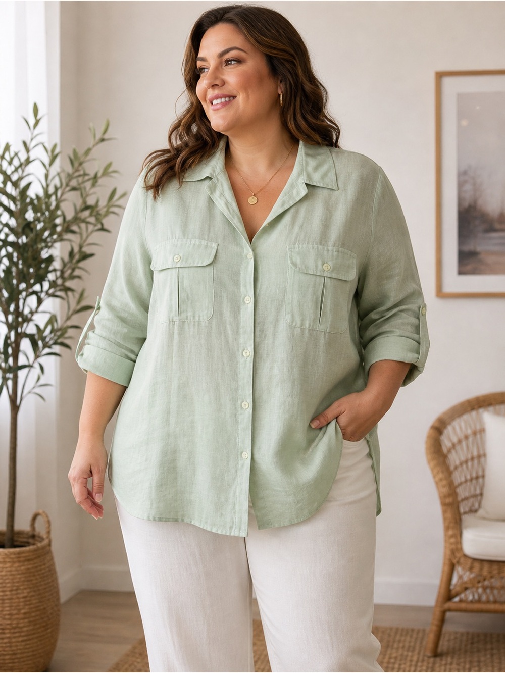 Autograph Sage Green Button-Down Linen-Blend Shirt